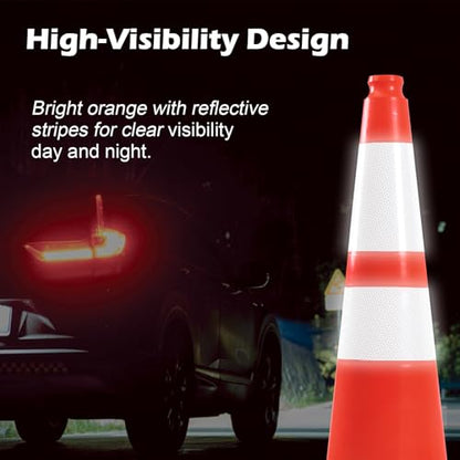 4 Pack 28" Traffic Cones – Durable Orange PVC Safety Cones with Reflective Collars for Parking, Construction, Roadwork & Driving Practice - size: 28 inch -4Pack