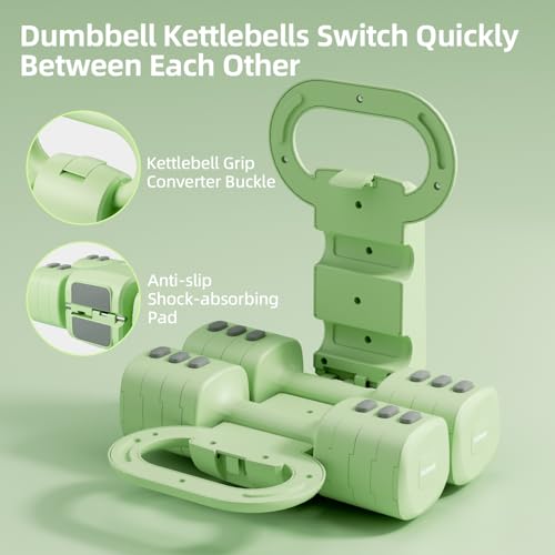 Lightweight Adjustable Dumbbell Kettlebell Set - 4 in 1 Free Weight Set with Kettlebell Grip Converter, Each 2.2 3.3 4.4 5.5lb Quick Change Weight Women Dumbbell Set for Small Spaces Home Gym - color: Adjustable Kettlebell Green
