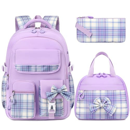 GeeWin School Backpack for Girls, Bookbags Back Pack School Bag for Teen Girl Elementary Middle School Student, Cute Stylish Plaid Girls Backpack with Matching Insulated Lunch Bag & Pencil Bag(Purple) - color: Purple