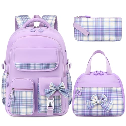 GeeWin School Backpack for Girls, Bookbags Back Pack School Bag for Teen Girl Elementary Middle School Student, Cute Stylish Plaid Girls Backpack with Matching Insulated Lunch Bag & Pencil Bag(Purple) - color: Purple