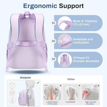Sisipoet School Backpack for Girls, Lightweight Kids Bookbag Classic College Backpack for Teen Women with Luggage Strap, Age 8-18 Years Old, Purple - color: Purple