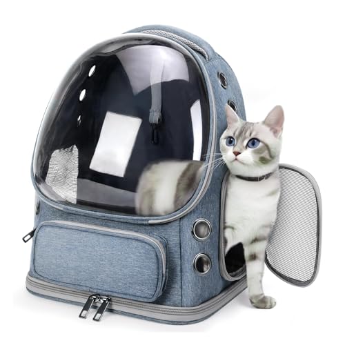 Cat Backpack Carrier, Breathable Cat Bubble Backpack for Kitty & Small Dog, Large Space Cat Carrier Backpack, Foldable Airline Approved Carrier for Trip Vet Travel up to 18lbs（Blue） - color: Blue