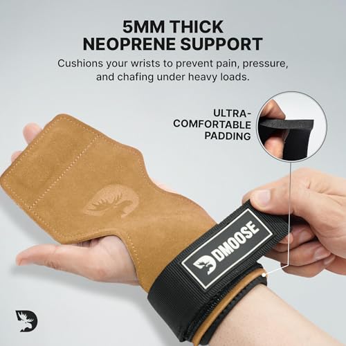 DMoose Fitness Weight Lifting Hooks (Pair) for Deadlifts, Pull Ups, Rows & Shrugs - Anti-Rip Nylon Strap Hand Grips with Thick Wrist Padding - Heavy Duty Wrist Straps for Weightlifting & Gym Workouts - color: Brown Lifting Grip