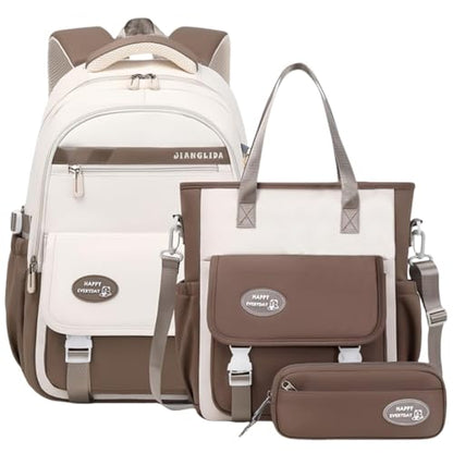 VIDOSCLA 3Pcs Teen Girls' Backpack Set Middle School Students Bookbag Outdoor Teen Boys Bookbag - color: A4 #Coffee-tuition Kit Set