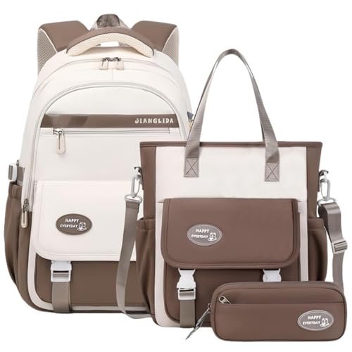 VIDOSCLA 3Pcs Teen Girls' Backpack Set Middle School Students Bookbag Outdoor Teen Boys Bookbag - color: A4 #Coffee-tuition Kit Set
