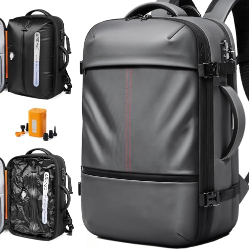 IKYWT 80L Vacuum Seal Travel Backpack with Compression System | Expandable, 5kPa High Power Pump, 17” Laptop Compartment, TSA Lock, Water-Resistant - color: Gray