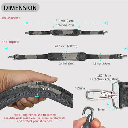 ZINZ 79 inch Shoulder Strap, Extra-thick Fixed Cushion Pad and Dual Clasps Universal Replacement Strap with Metal Swivel Hooks for Laptop Bags, Luggage Bags, Camera, Crossbody(Camouflage Gray) - color: Camouflage Gray