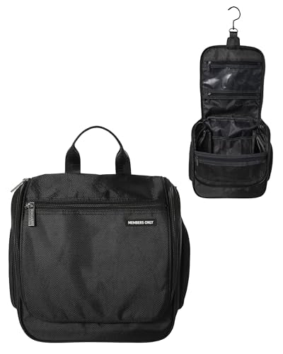 Members Only Hanging Toiletry Bag with Rotating Hook, Black Toiletry Organizer, Bathroom Bag