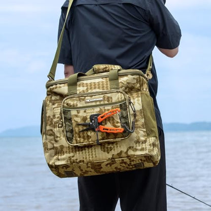 KastKing BaitSpace Fishing Tackle Bag With 4 Tackle Boxes & Removable Bait Binder, Water-Resistant Tackle Storage, Durable Fishing Gear, Adjustable Shoulder Strap - color: B: Khaki Camo, size: Medium - 4*3600 Trays