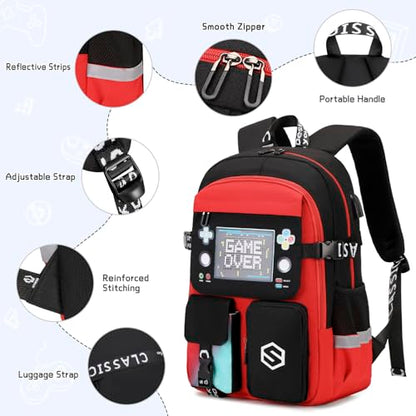 Scothen Boys Backpack, Cool Luminous School Backpacks for Boys with Lunch Bag Pencil Case, Kids Backpack Kindergarten Elementary Middle School Book Bags for Teen Boy Children with USB Charging Port - color: Red