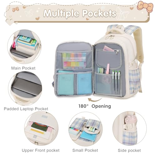 ACESAK Girls Backpack - 3PCS Backpack for Girls Cute School Backpacks for Kindergarten Elementary Preschool Middle Kids School Bags with Lunch Box Pencil Case Set (Beige) - color: Beige