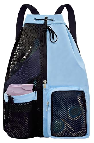 Mesh Beach Backpack with Wet Pocket Drawstring Pool Bag Waterproof Swimming Bag Gym Backpack for Men & Women - color: Blue