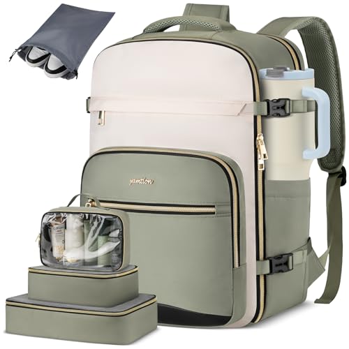 YAMTION 40L Large Travel Backpack for Women,Carry On Luggage with 4 Packing Cubes, Airline Approved Weekender Backpacks for Personal Items fits 17 Inch Laptop - color: A Green Beige, size: 40L-Sets