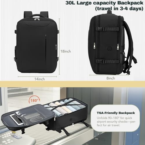 Travel Backpack, Carry On Backpack Airline Approved, 18x14x8 Travel Bag, 30L Personal Item Bag for Women and Men, Water Resistant Lightweight Weekender Bag, Casual Daypack for Business - color: Black
