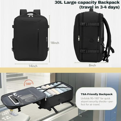 Travel Backpack, Carry On Backpack Airline Approved, 18x14x8 Travel Bag, 30L Personal Item Bag for Women and Men, Water Resistant Lightweight Weekender Bag, Casual Daypack for Business - color: Black
