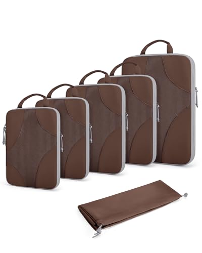 BAGSMART Compression Packing Cubes for Travel, 6 Set/14 Set Compressible Luggage Organizer for Cruise Ship, Lightweight Travel Essentials (1L+2M+2S+Shoe bag+Drawstring bag+Toiletry bag+6Plastic bags) - color: 03-Mocha Brown, size: 6 Set
