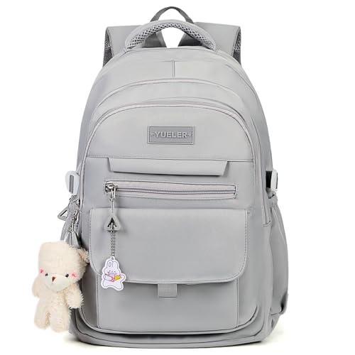 PRLINJSK Girls Backpack for College High Middle School Student, Cute Aesthetic Bookbag for Teens Women with Accessories,Grey - color: Grey, size: 17.5 Inch