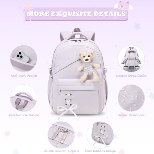 ACESAK School Backpack for Girls - 3 PCS Cute Girls Backpack with Lunch Box & Pencil Case - Kawaii Casual Kids Bookbag School Bag Daypacks Set for Elementary Middle High School Student Teens (Purple) - color: Purple