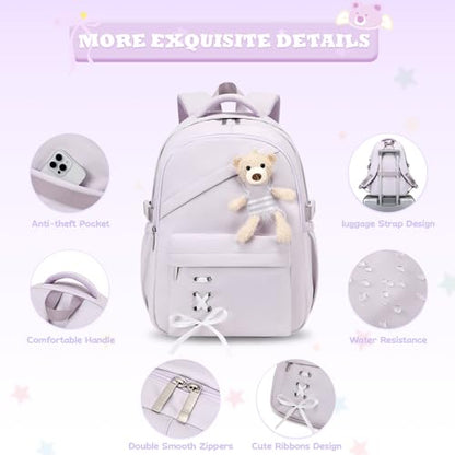 ACESAK School Backpack for Girls - 3 PCS Cute Girls Backpack with Lunch Box & Pencil Case - Kawaii Casual Kids Bookbag School Bag Daypacks Set for Elementary Middle High School Student Teens (Purple) - color: Purple