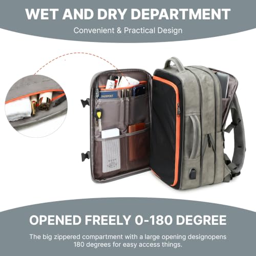 40L Travel Backpack for Men, PU Leather Carry On Backpack Flight Approved with Laptop Sleeve, Expandable Travel Bags for College Travel (Grey) - color: Grey