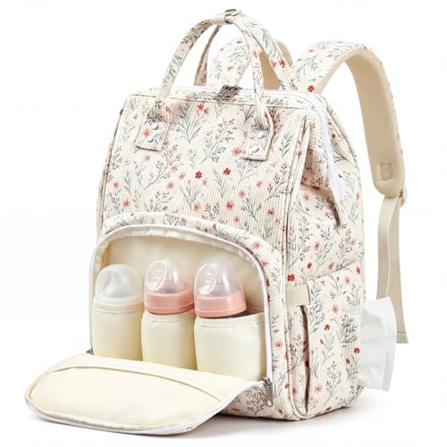 Light White Corduroy Floral Diaper Bag Backpack for Mom Large Capacity Multifunction Travel Backpack for Women, Cute Diaper Bag - color: Light White