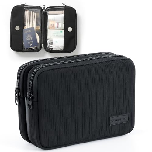 Preppy Makeup Bag, Rectangle Double Detachable Cosmetic Organizer, Clear Side Panel Portable Travel Pouches for In-Flight Essentials, Beauty & Tech Accessories, Gift for Women - color: Black