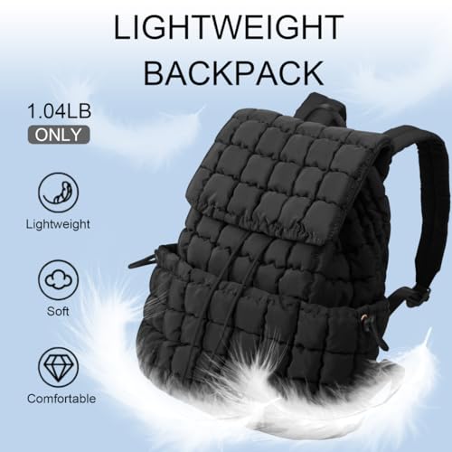 XSUIOY Quilted Backpack Purse for Women Small Lightweight Puffer Puffy College Laptop Backpack Nylon Casual Bookbag Daypack Top Flap Drawstring Padding Hiker Travel Gym Backpack(Black) - color: Black