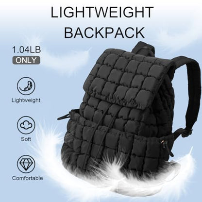 XSUIOY Quilted Backpack Purse for Women Small Lightweight Puffer Puffy College Laptop Backpack Nylon Casual Bookbag Daypack Top Flap Drawstring Padding Hiker Travel Gym Backpack(Black) - color: Black