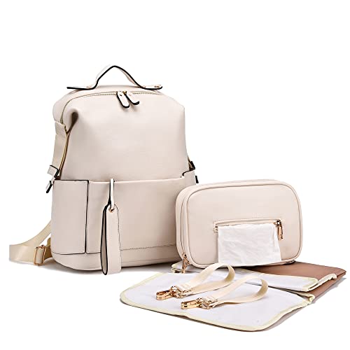 Diaper Bag Backpack Leather Backpack for Women Travel Baby Bag Mother Outdoor Backpack with Changing Pad Stroller Straps(2 pieces) White - color: White