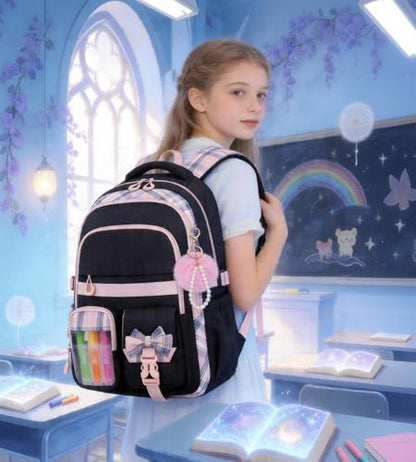 Girls Backpack, 17-Inch Bookbag for Middle & Elementary School, Kawaii Kids Backpack for Girls Ages 6-12(Black Pink) - color: Black Pink