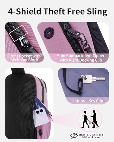 ECOHUB Anti-Theft Crossbody Bag Men Women, RFID Blocking Lightweight Sling Backpack Eco-Friendly with 9 Pockets Sturdy SBS Zippers Water Resistant for Travel Work Hiking Outdoor, Pink - color: Pink