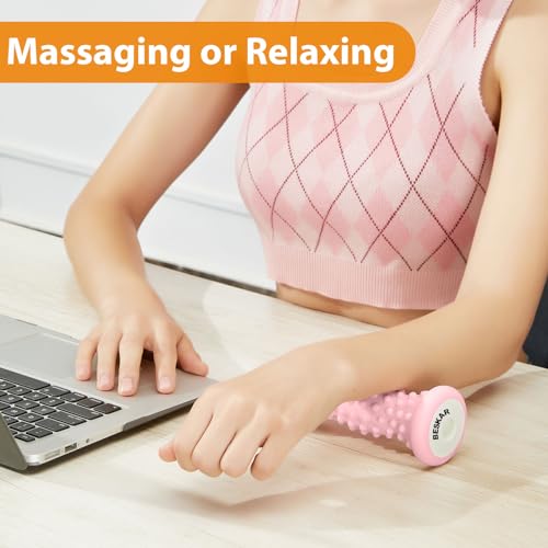 BESKAR Foot Massager Roller for Plantar Fasciitis Relief, Portable Feet Roller to Deep Tissue Muscle Massage, Foot Arch and Heel Pain, Reflexology Tool - color: Pink