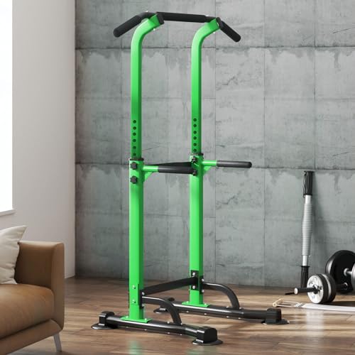 SogesPower Power Tower Dip Station Pull Up Bar for Home Gym Adjustable Height Strength Training Workout Equipment,Pull Up Bar Station - color: Green
