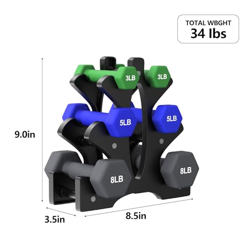 Portzon Weights Dumbbells Set 3, 5, 8, and 10 Pound Neoprene Dumbbell Free Hand Weight Set with Rack, Ideal for Home Exercises, 32 LB, Anti-Slip, Anti-roll, Hex Shape - color: Dark Green+Dark Blue+Black