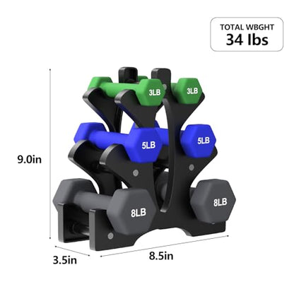 Portzon Weights Dumbbells Set 3, 5, 8, and 10 Pound Neoprene Dumbbell Free Hand Weight Set with Rack, Ideal for Home Exercises, 32 LB, Anti-Slip, Anti-roll, Hex Shape - color: Dark Green+Dark Blue+Black