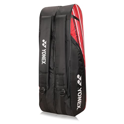 Yonex Stylish Badminton Kit-Bag |Double Zipper Compartment for Storage of 6 Rackets and Clothes|Side Pocket |Back Straps |Accessories Compartment |Made in India - color: RED BLACK