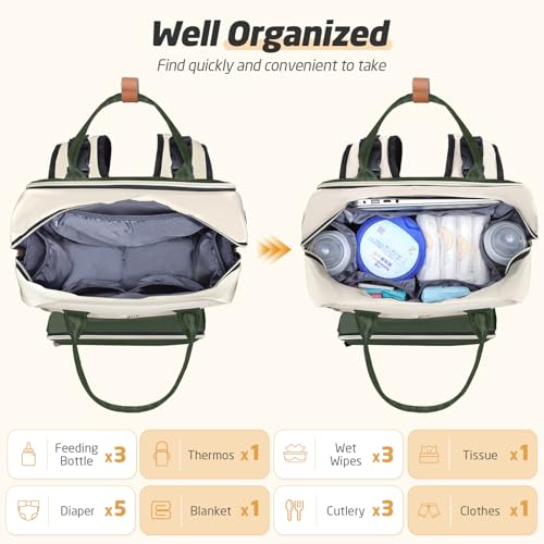 Diaper Bag Backpack - Extra Large Diaper Bag for 2 Kids Twin, Travel Baby Bags for Mom Dad 25-37L Expandable with Changing Pad Earphone Hole, Apricot Green - color: Green & Apricot