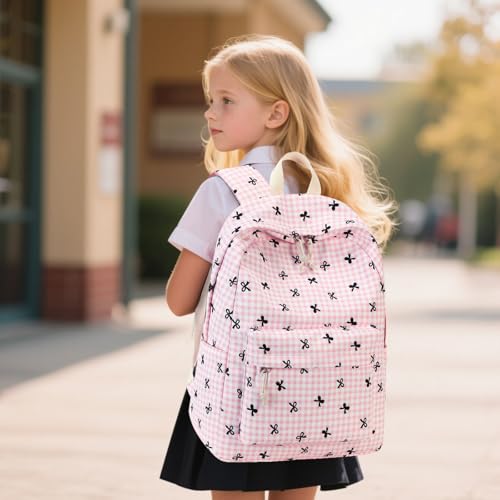 LEDAOU Backpack for Girls School Bag Kids Bookbag Teen Backpack Set Daypack with Lunch Bag and Pencil Case | Kids - color: B -Pink Checkered Bowtie -6
