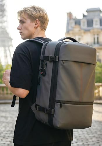IKYWT 80L Vacuum Seal Travel Backpack with Compression System | Expandable, 5kPa High Power Pump, 17” Laptop Compartment, TSA Lock, Water-Resistant - color: Gray