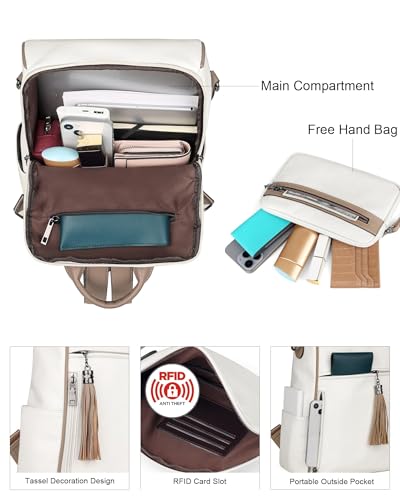 FADEON Faux Leather Backpack Purse, Daypack for Women, Fits 13" Laptop - color: White Contrast Camel Retro Style