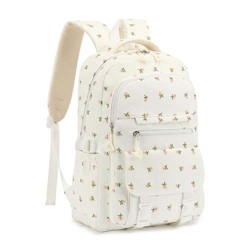 Kids High Middle School Backpack for Girls 5-12 Kawaii Travel Flower Bookbag,Beige Flower - color: Beige Flower