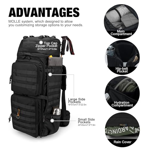 Mardingtop 75L Molle Hiking Internal Frame Backpacks with Rain Cover for Camping,Backpacking,Travelling(Black)
