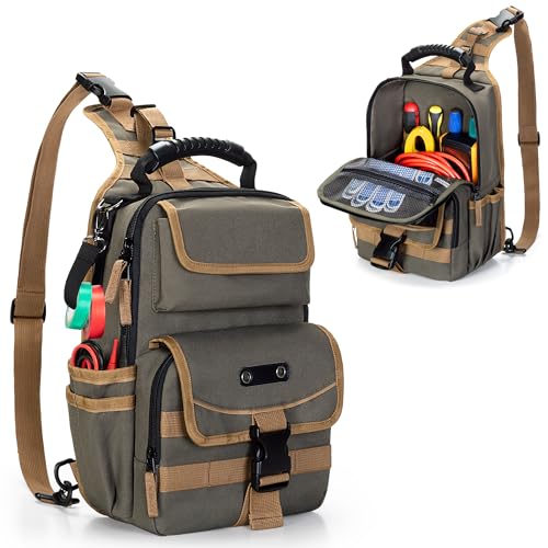Electrician Tool Pouch Bag, Zippered HVAC Tool Organizer with Ergonomic Handle and Shoulder Strap for Maintenance Repair Technicians, Green (Patent Pending) - color: Green