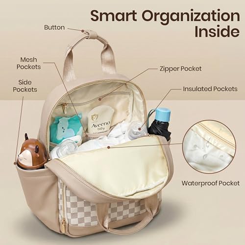 miss fong Small Diaper Bag - Baby Diaper Bag Backpack Checkered Diaper Bag with Changing Pad Baby Backpack for Travel Daycare Mommy Diaper Backpack Pañaleras Para Bebe for Mom & Dad-White&Beige - color: Beige&honey