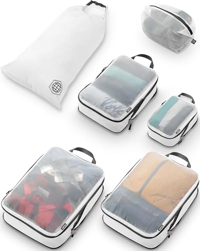 Large Packing Cube Set with See Through Mesh- Compression Packing Cubes Travel Organizers by TRIPPED Travel Gear (White) - color: White