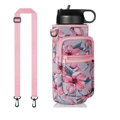 Water Bottle Holder with Strap, Insulated Crossbody Sling Bag, Carrier with Phone Pocket for Walking Hiking Camping Fishing - color: Flower Pink, size: 40oz