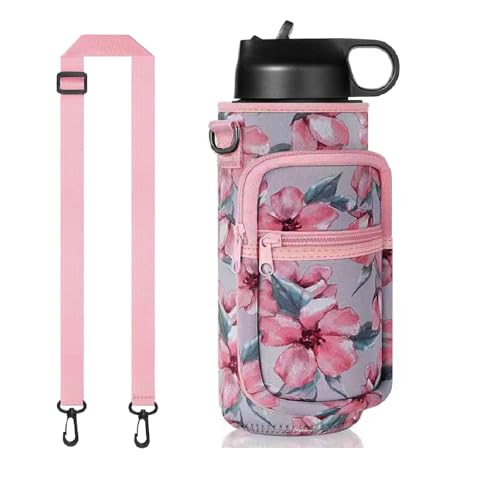 Water Bottle Holder with Strap, Insulated Crossbody Sling Bag, Carrier with Phone Pocket for Walking Hiking Camping Fishing - color: Flower Pink, size: 40oz