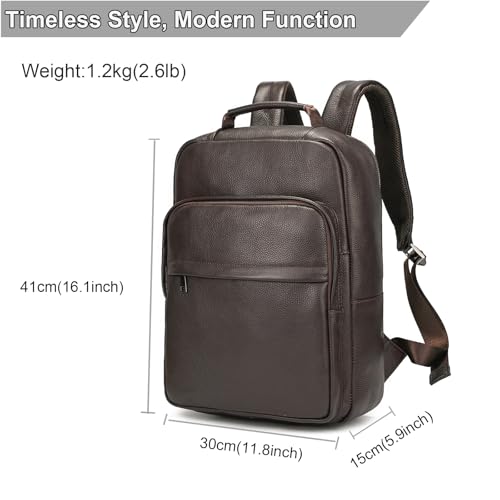 Durable Genuine Leather Backpack - 15.6 Inch Laptop Bag for Business Commute & Travel, Large Capacity Multi-Pocket Backpack for Men/Women, Coffee - color: Y80&19y Coffee