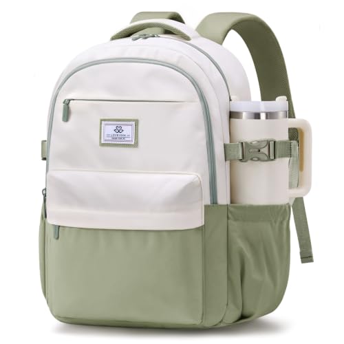 LOVEVOOK Laptop Backpack for Women Teens,College School Backpack with Tumbler Holder,15.6" Computer Bag,14 Pockets,Waterproof - color: Off-white/Bean, size: 15.6inch
