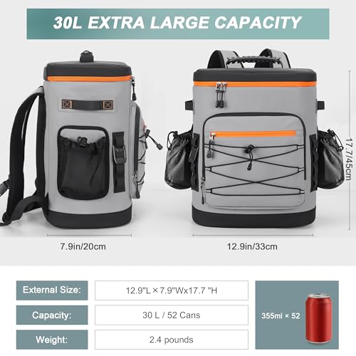 Large 52cans Cooler Backpack, Insulated, Waterproof, Leak Proof, 30L Large Capacity - color: Grey